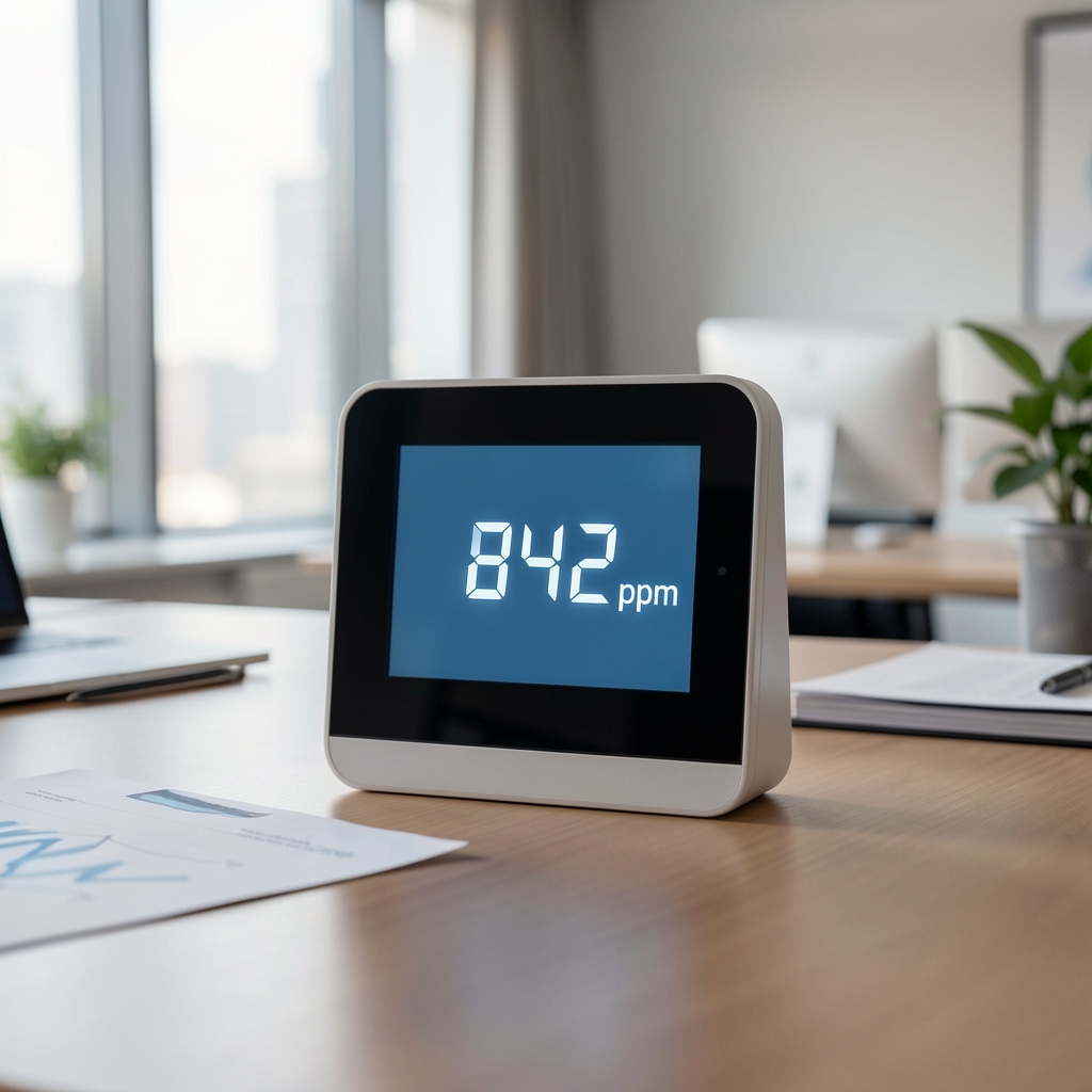 Senzor za merenje CO2 prikazan na radnom stolu pored laptopa
