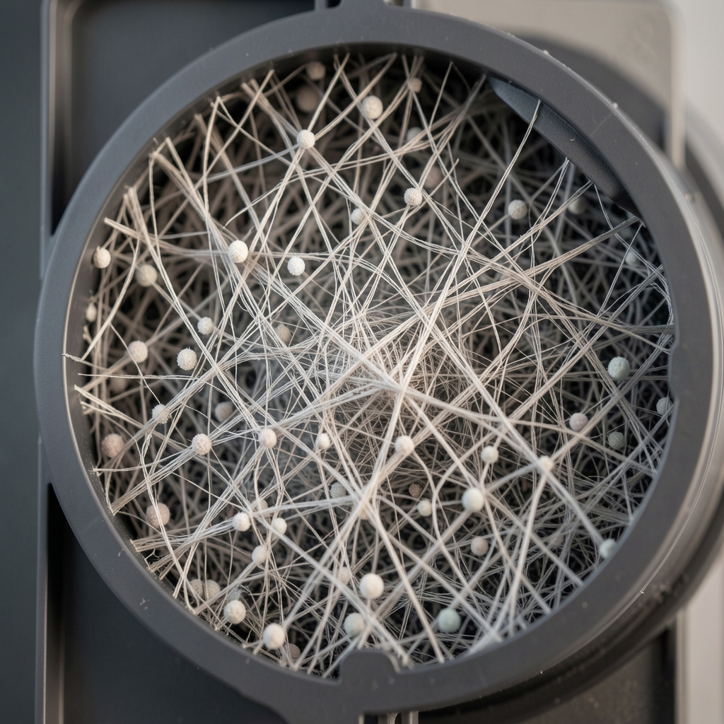HEPA filter izbliza sa mikroskopskim prikazom strukture vlakana