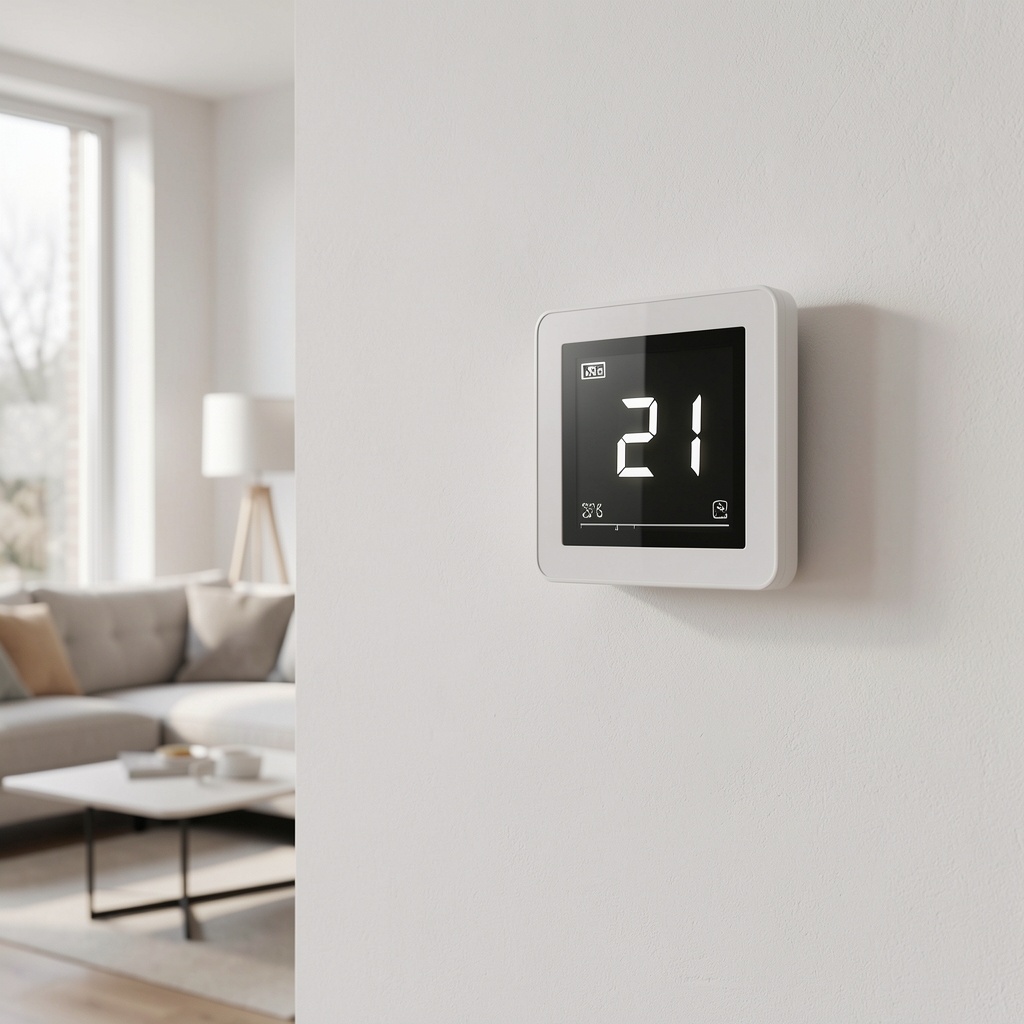 Pametni termostat na belom zidu modernog dnevnog boravka koji prikazuje temperaturu 21 stepena