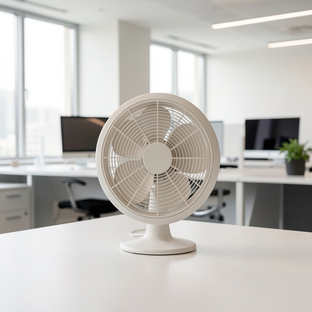 Elegantan beli stoni ventilator sa laticama, na belom stolu u svetloj kancelariji sa modernim radnim prostorom