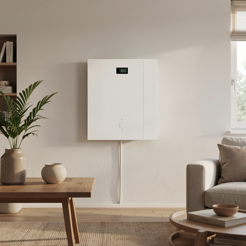 Moderna panel električna grejalica bela na zidu sobe prikazuje temperaturu i timer, minimalistički dizajn u dnevnoj sobi