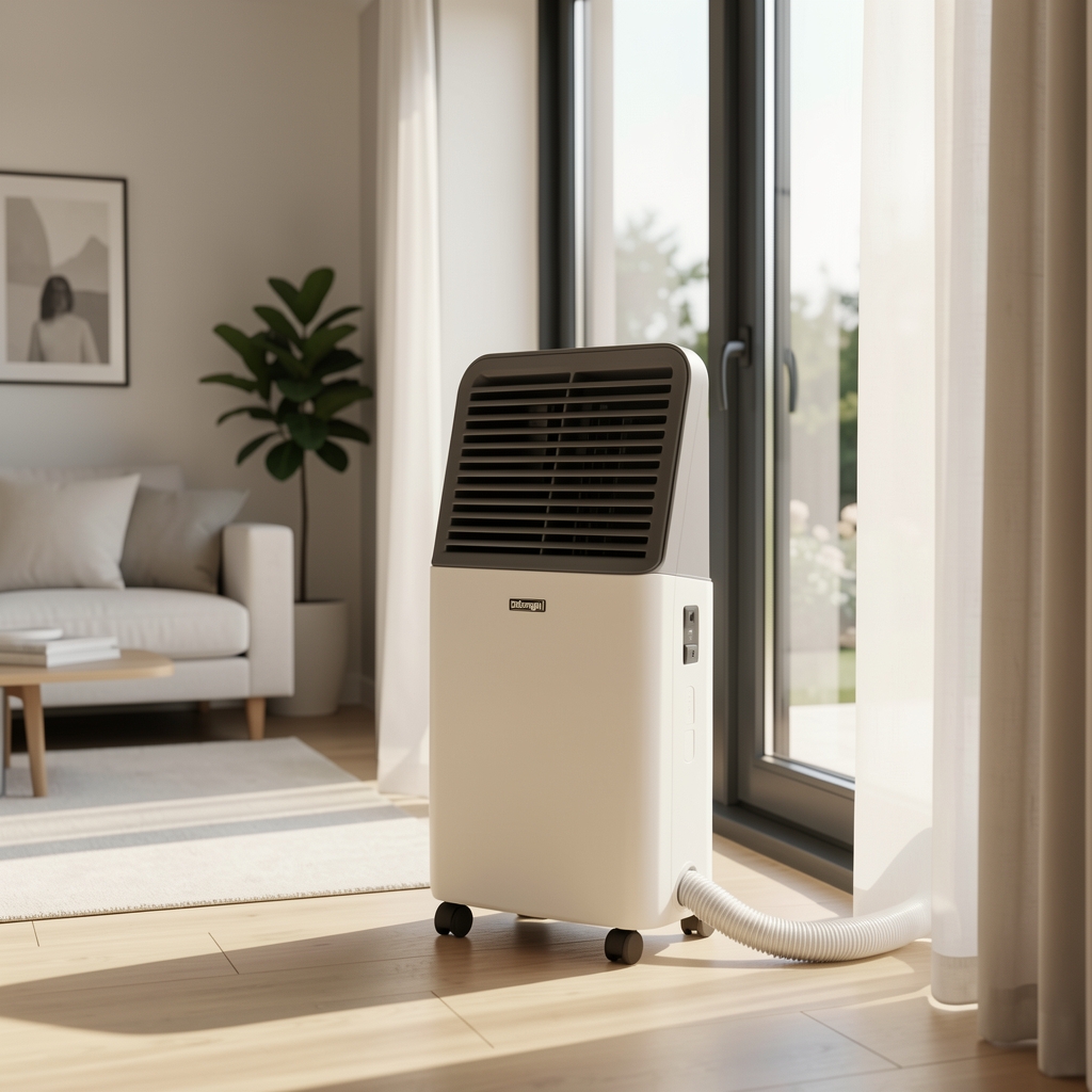 Mobilna klima DeLonghi Pinguino bela portabl uz prozor sa crijevom za odvod toplote, moderna svetla dnevna soba leti