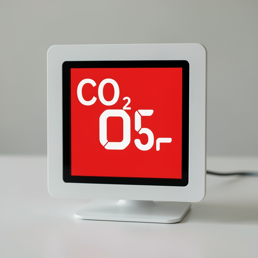 Airthings View Plus senzor kvaliteta vazduha crveno-bijeli kvadratni monitor sa ekranom koji prikazuje CO2 nivo i indeks radon