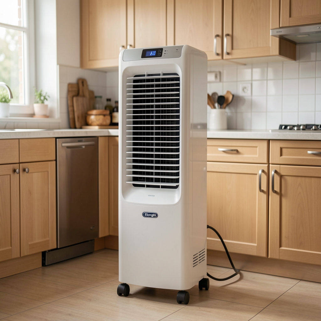 DeLonghi Pinguino PACAN97 mobilna klima bela prenosna na točkićima sa crijevom za odvod, stoji u kuhinji tokom ljetnih vrućina