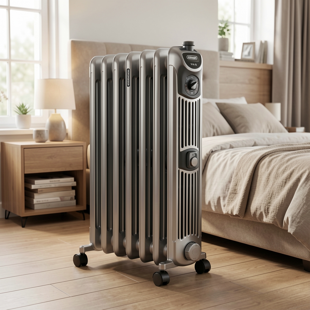 DeLonghi Dragon 4 TRD4 0820 uljni radijator srebrno-crni sa 8 rebara i termostatom, na točkićima, prikazan u spavaćoj sobi