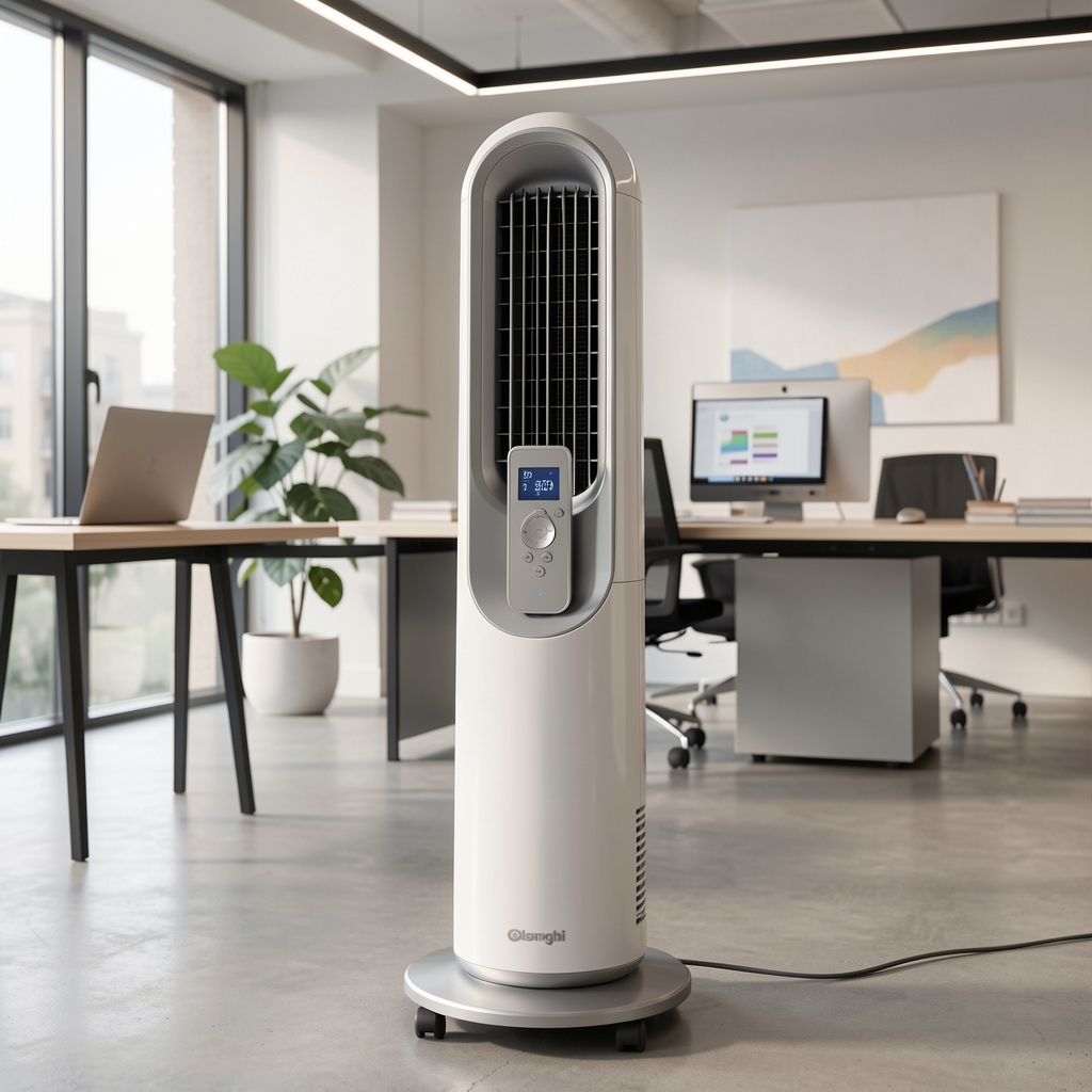 DeLonghi Pinguino stojeći ventilator bijelo-srebrni sa daljinskim upravljačem i LCD displejem, u modernoj kancelariji