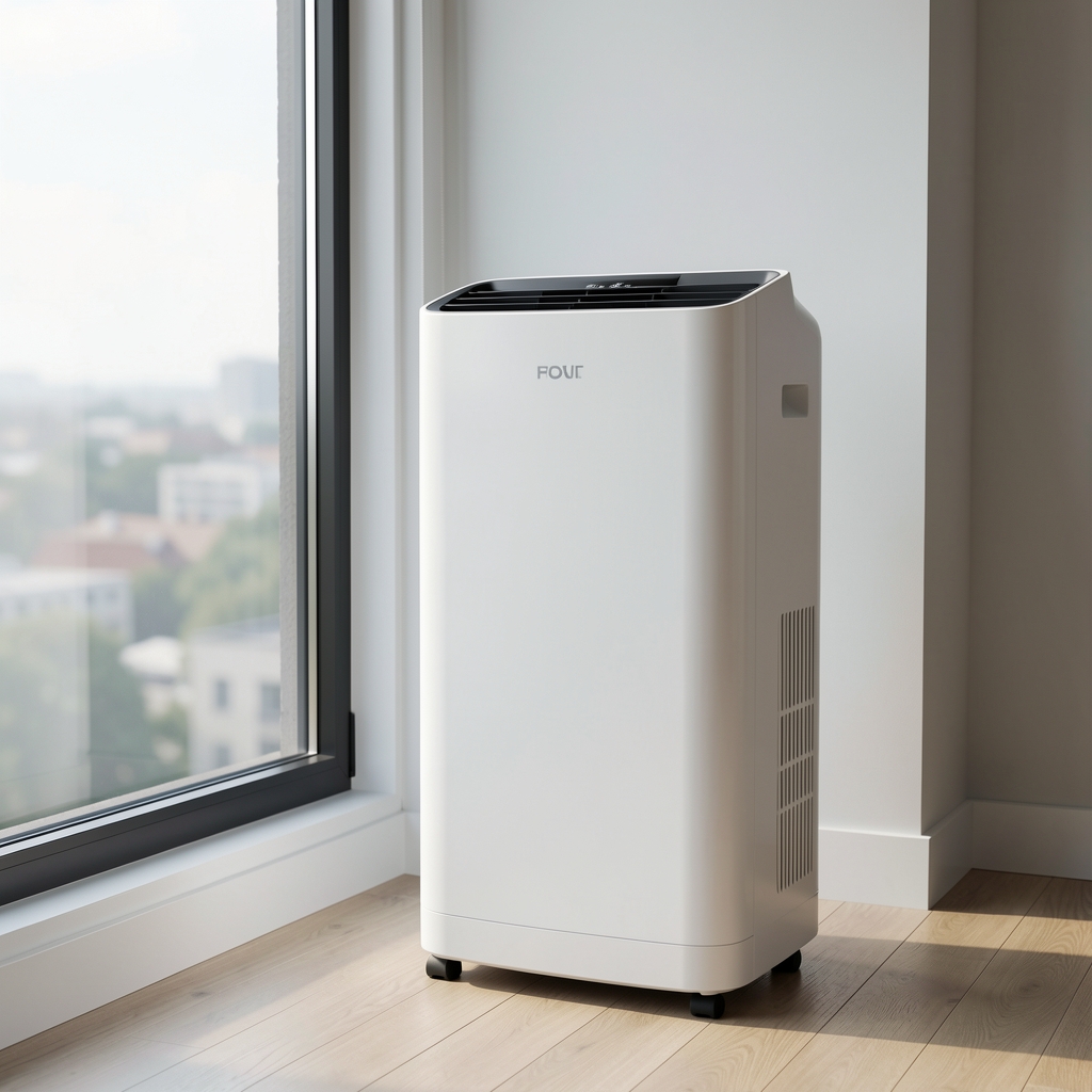 Inventor Aria 12000 BTU mobilna klima bijela kompaktna s daljinskim upravljačem i WiFi modulom, stoji pored prozora