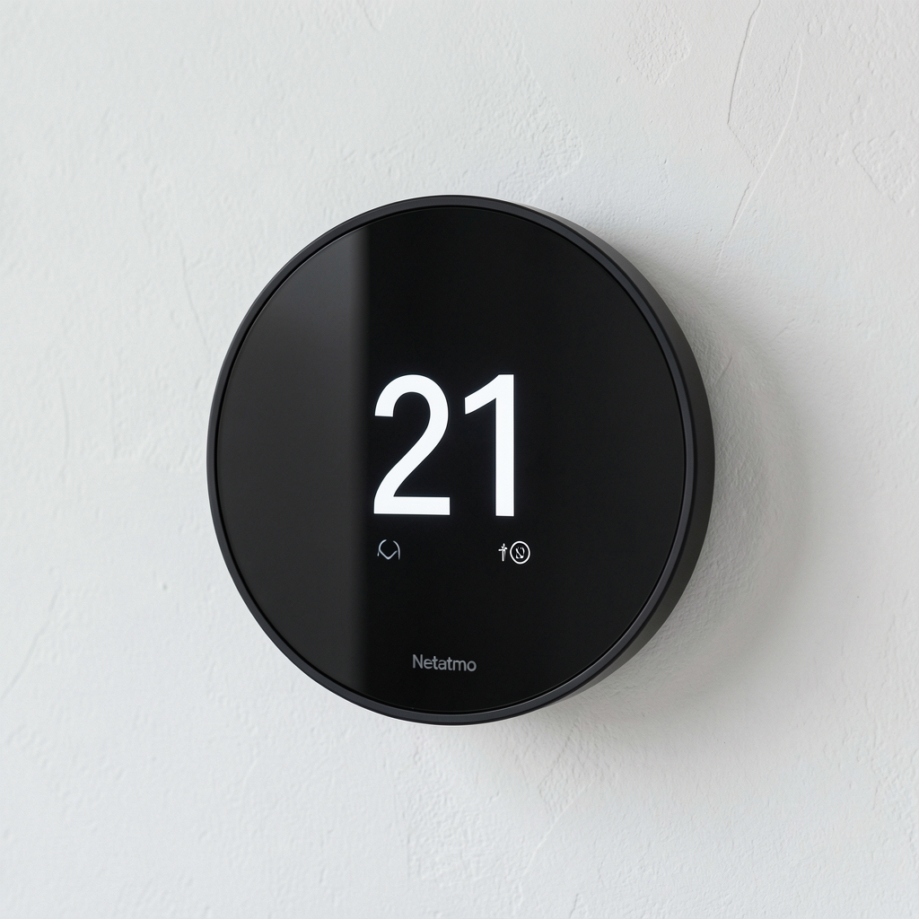 Netatmo pametni termostat NTT crni okrugli displej na belom zidu, elegantni skandinavski dizajn, prikazuje temperaturu 21 stepeni