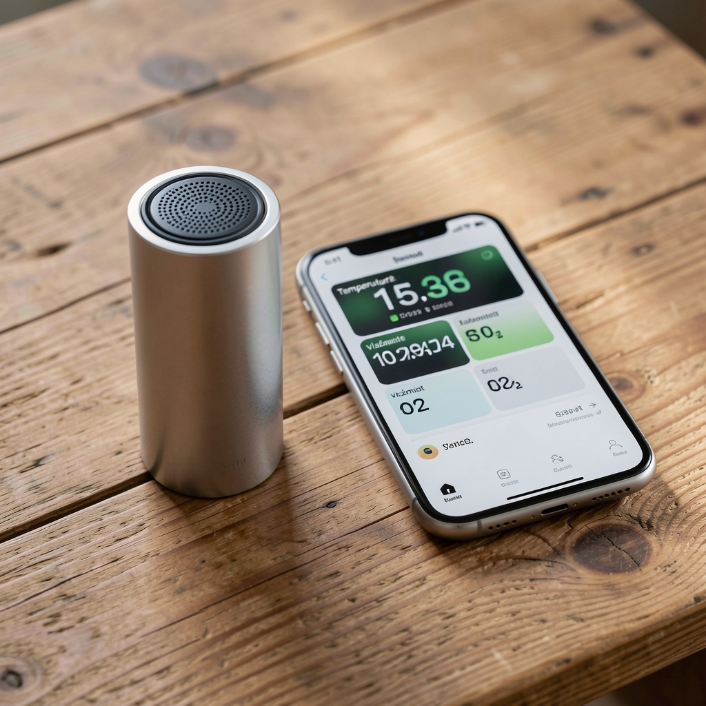 Netatmo Smart Indoor Air Quality Monitor srebrni cilindrični sensor na drvenom stolu, prikazuje temperaturu vlažnost i CO2 na telefonu