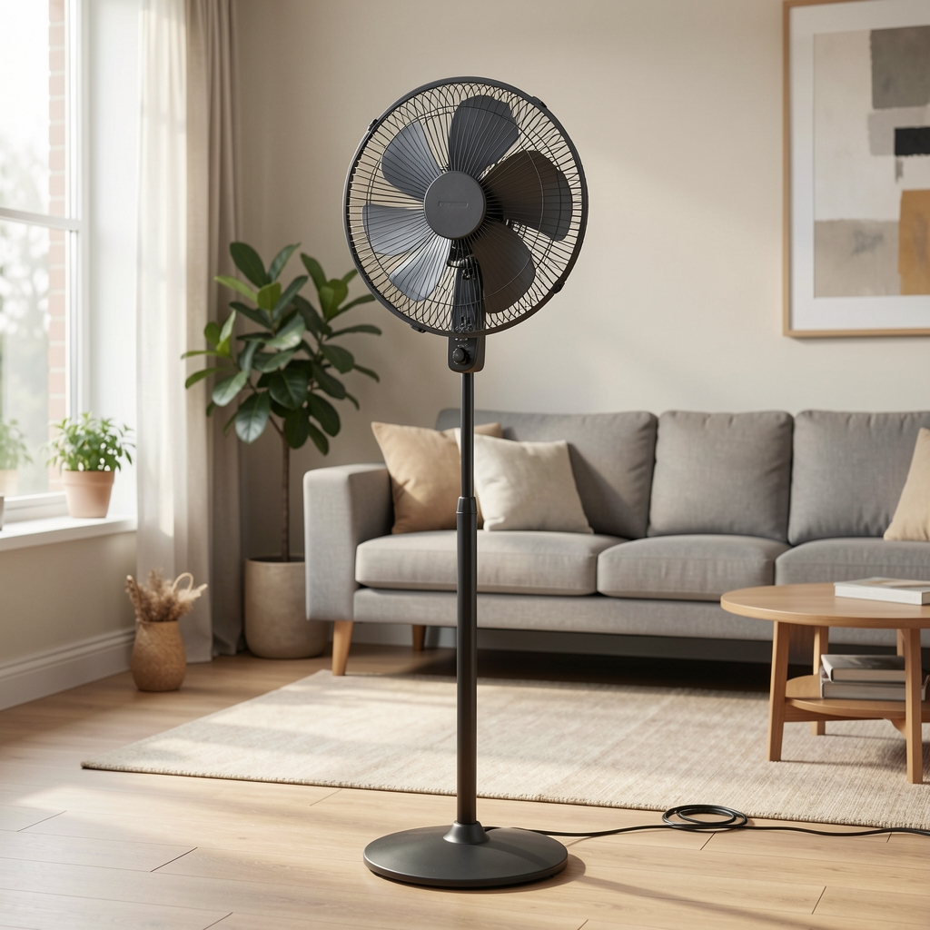 Rowenta Turbo Silence Extreme stojeći ventilator sa 5 brzina, crno-sivi sa regulacijom visine 120cm, stoji u dnevnoj sobi