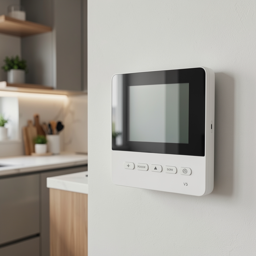Tado Smart Thermostat V3 plus beli kvadratni termostat na zidu sa ekranom i dugmadima, prikazan u modernoj kuhinji