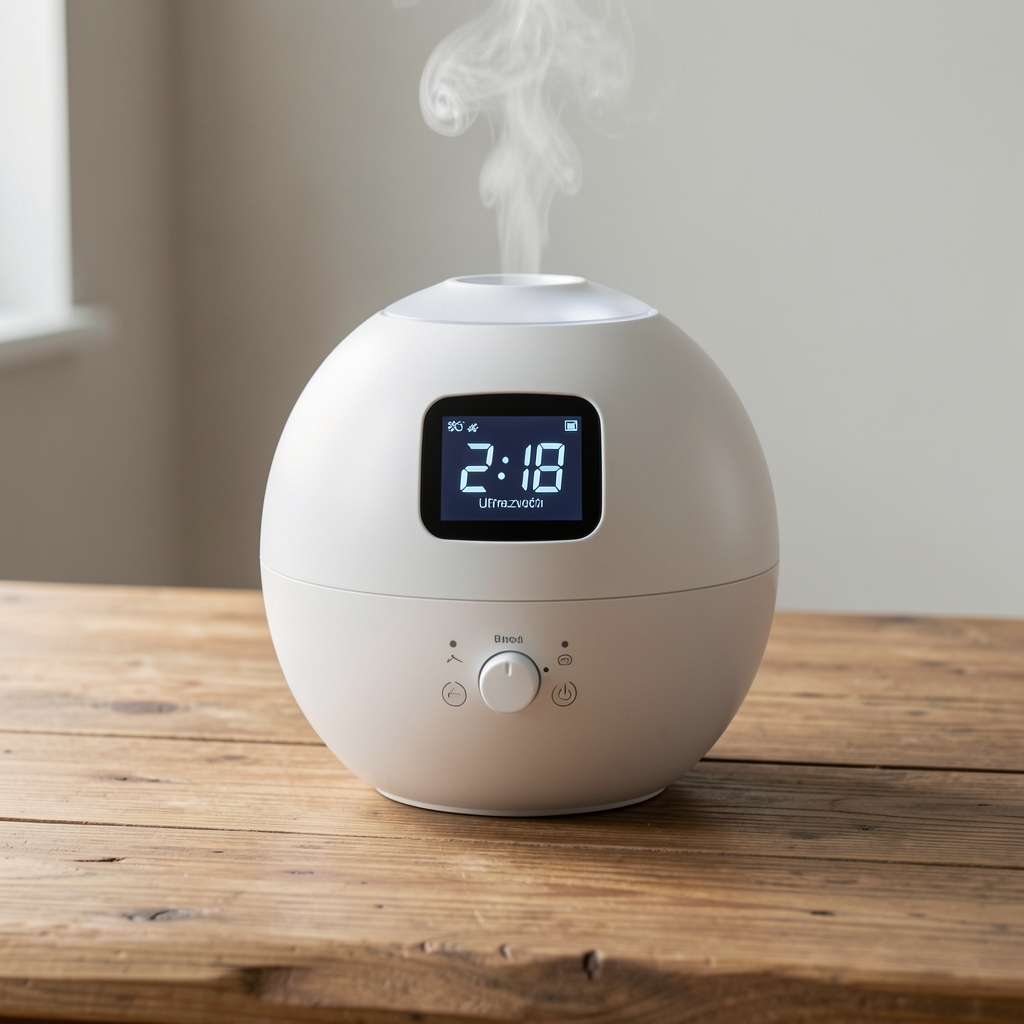 Xiaomi Smart Humidifier 2 beli ultrazvučni ovlaživač sa okruglim dizajnom i ekranom za prikaz vlažnosti, na drvenom stolu