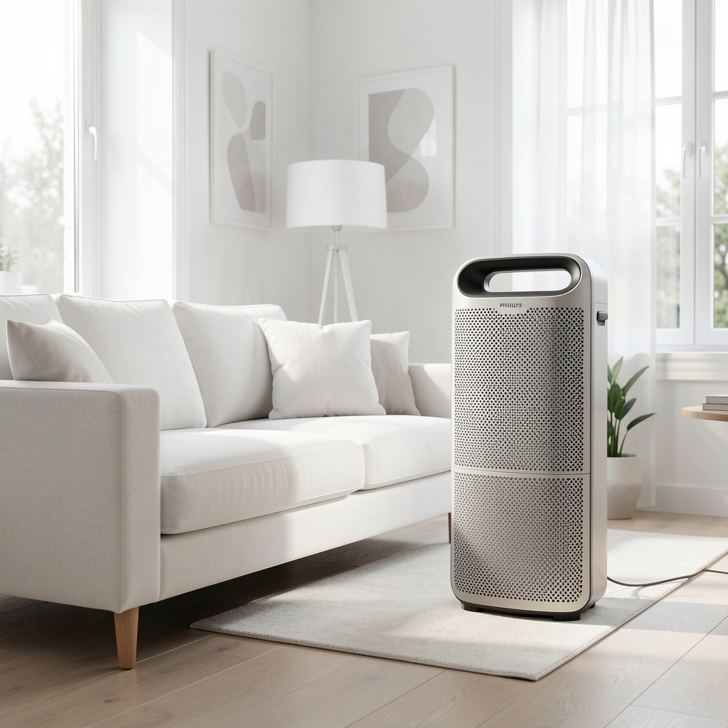 Philips AC2939/10 prečišćivač vazduha postavljen u modernoj dnevnoj sobi pored sofe bela enterijera