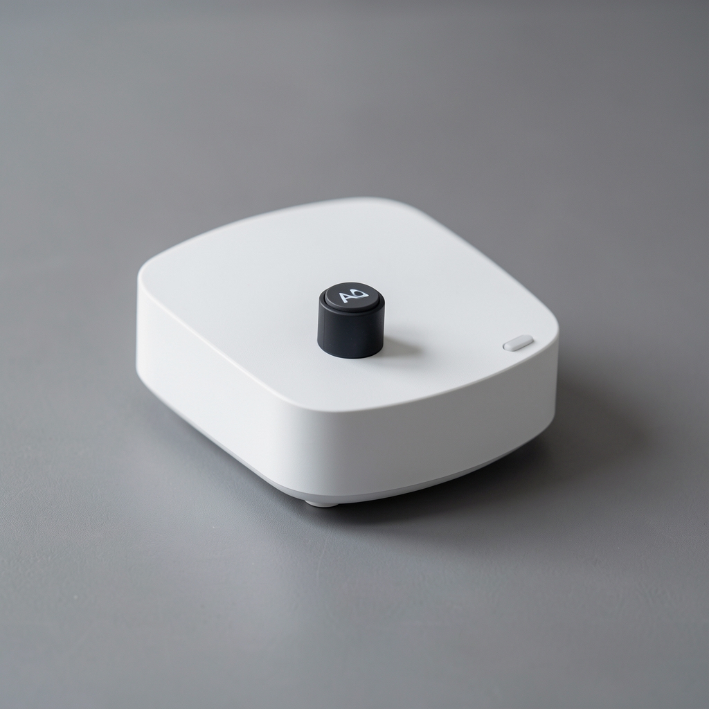 Airthings Wave Plus beli IAQ monitor sa prikazom senzora na sivoj podlozi