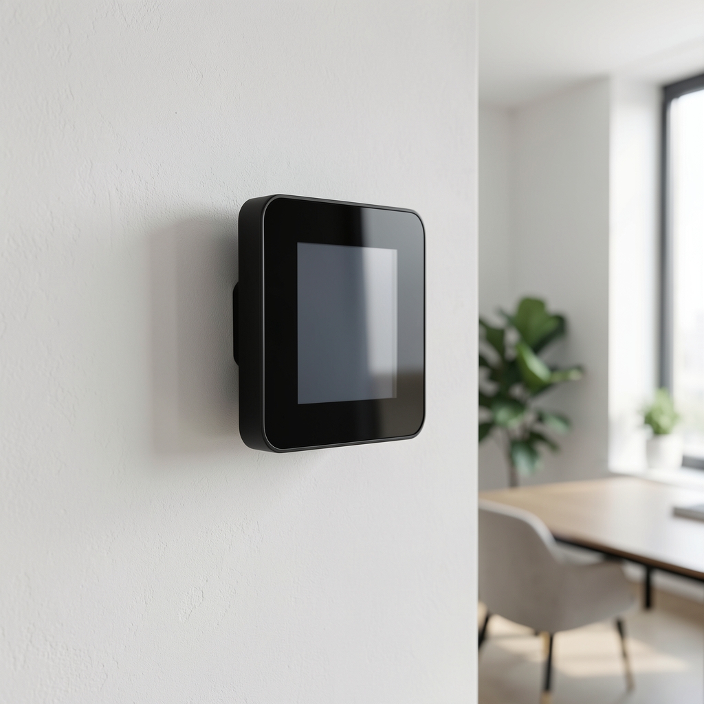 Ecobee SmartThermostat – kvadratni crni termostat sa touch ekranom na zidu