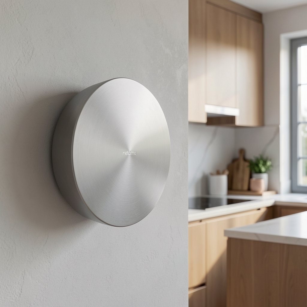 Netatmo pametni termostat okruglog oblika od nerđajućeg čelika montiran na zidu moderne kuhinje