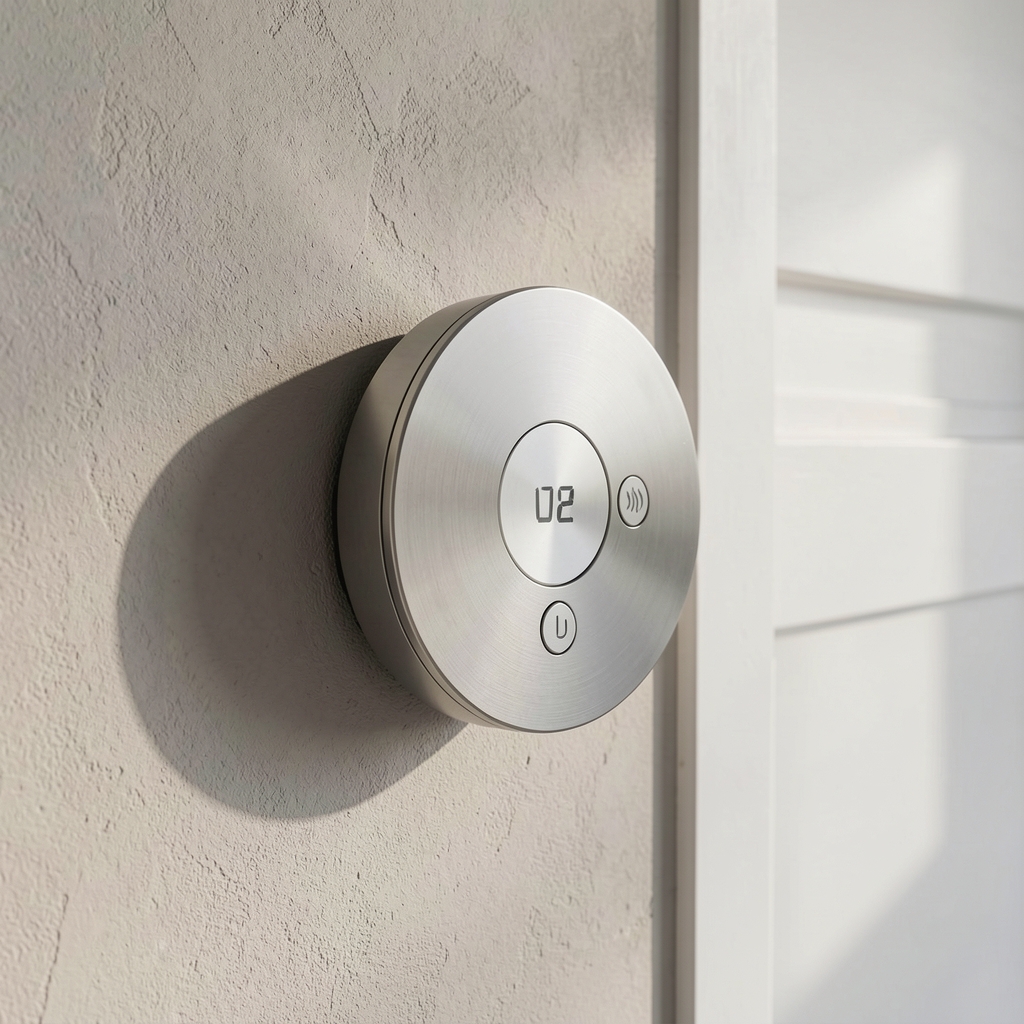 Netatmo Smart Thermostat okruglog oblika od nerđajućeg čelika montiran na zid modernog stana sa jednostavnim intuitivnim interfejsom